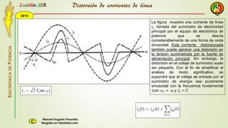 2015
Instala BER
Manuel Augusto Pesantez
Magister en TeledetecciónC
ELECTRÓNICADEPOTENCIA
1
La figura muestra una corriente de línea
𝑖 𝑠 tomada del suministro de electricidad
principal por el equipo de electrónica de
potencia que se desvía
considerablemente de una forma de onda
sinusoidal. Esta corriente distorsionada
también puede generar una distorsión en
la tensión suministrada por la fuente de
alimentación principal. Sin embargo, la
distorsión en el voltaje de suministro suele
ser pequeña. Con el fin de simplificar el
análisis de modo significativo, se
supondrá que el voltaje de entrada por el
suministro de energía sea puramente
sinusoidal con la frecuencia fundamental
(con 𝜔1 = ω y 𝑓1 = f)
Distorsión de corrientes de línea
 