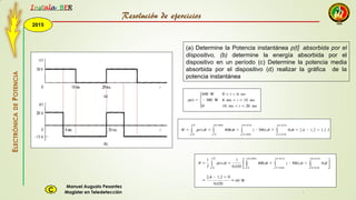 2015
Instala BER
Manuel Augusto Pesantez
Magister en TeledetecciónC
ELECTRÓNICADEPOTENCIA
1
(a) Determine la Potencia instantánea p(t) absorbida por el
dispositivo, (b) determine la energía absorbida por el
dispositivo en un período (c) Determine la potencia media
absorbida por el dispositivo (d) realizar la gráfica de la
potencia instantánea
Resolución de ejercicios
 