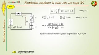 2015
Instala BER
Manuel Augusto Pesantez
Magister en TeledetecciónC
ELECTRÓNICADEPOTENCIA
1
Rectificador monofásico de media onda con carga RC
𝑣𝑜 =
1
𝐶
𝑖 𝑑𝑡 + 𝑣𝑐 0 + 𝑅𝑖
𝑡
0
𝑅
𝑑𝑖
𝑑𝑡
+
1
𝐶
𝑖 = 0
Ejercicio: realizar el análisis y sacar las gráficas de Vc, i, vo, Vr
𝑣𝑜
𝑣𝑟
𝑣𝑐
𝑖
𝑣𝑠 = 2V Senwt
𝑑𝑖
𝑑𝑡
+
1
𝑅𝐶
𝑖 = 0
𝑣𝑐 0 = 0
𝑖 𝑡 = 𝑖𝑓 + 𝑖𝑛
𝑖𝑓 =
2 𝑉 𝑆𝑒𝑛 (𝑤𝑡 + ∅)
𝑅² + −
1
𝑤𝑐 2 1/2
 