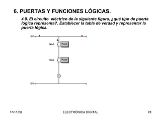 6. PUERTAS Y FUNCIONES LÓGICAS. 4.9. El circuito  eléctrico de la siguiente figura, ¿qué tipo de puerta lógica representa?. Establecer la tabla de verdad y representar la puerta lógica. 