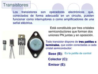 Transistores
Los transistores son operadores electrónicos que,
conectados de forma adecuada en un circuito, pueden
funcionar como interruptores o como amplificadores de una
señal eléctrica.
Está constituido por tres cristales
semiconductores que forman dos
uniones PN juntas y en oposición.
Todo transistor dispone de tres patillas otres patillas o
terminalesterminales, que están conectadas a cada
cristal semiconductor:
Base (B): Es la patilla de control
Colector (C):
Emisor (E):
 
