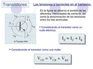Transistores Las tensiones y corrientes en el transistor.
En la figura se observa el sentido de las
diferentes intensidades de corriente, así
como la denominación de las tensiones
entre los tres terminales.
 Considerando el transistor como un
nudo eléctrico:
 Considerando el transistor como una malla:
 