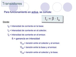 Transistores
Para funcionamiento en activa, se cumple:
Donde:
IB = Intensidad de corriente en la base.
IC = Intensidad de corriente en el colector.
IE = Intensidad de corriente en el emisor.
VCE = tensión entre el colector y el emisor.
VBE = tensión entre la base y el emisor.
VCB = tensión entre el colector y la base.
ß = ganancia en intensidad
 