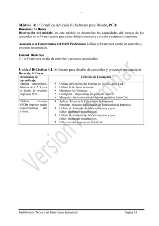 …
Bachillerato Técnico en Electrónica Industrial Página 33
Módulo 4: Informática Aplicada II (Software para Diseño, PCB)
Duración: 54 Horas
Descripción del módulo: en este módulo se desarrollan las capacidades del manejo de los
comandos de software creados para editar dibujos técnicos y circuitos electrónicos impresos.
Asociada a la Competencia del Perfil Profesional. Utiliza software para diseño de controles y
procesos secuenciales.
Unidad Didáctica
4.1 software para diseño de controles y procesos secuenciales.
Unidad Didáctica 4.1: Software para diseño de controles y procesos secuenciales
Duración:54 Horas
Resultados de
aprendizaje:
Criterios de Evaluación
Maneja herramientas
básicas del CAD para
el diseño de circuitos
impresos PCB.
 Utilizar del Entorno del Sistema de diseño Auto-Cad.
 Utilizar la de barra de tareas.
 Manipular las Ventanas.
 Configurar dispositivos del panel de control.
 Manipular los accesorios del sistema operativo Auto-Cad.
Elabora circuitos
(PCB) impreso según
requerimientos del
cliente.
 Aplicar Técnicas de Fabricación de Impresos.
Presentar Métodos tradicionales de Fabricación de Impresos.
 Utilizar el Asistente de fabricación paso a paso.
Editar diagramas esquemáticos.
 Utilizar el Asistente de fabricación paso a paso.
Editar diagramas esquemáticos.
 Editar circuito impreso en Auto-Cad.
 