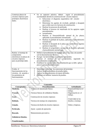 …
Bachillerato Técnico en Electrónica Industrial Página 59
Construye placas de
circuitos impresos para
prototipos electrónicos
dados.
 En en supuesto práctico, deberá seguir el procedimiento
recomendado durante la construcción del circuito impreso:
 Seleccionar el diagrama esquemático del circuito
electrónico.
 Determinar los agentes de revelado, grabado y decapado
que se debe usar en el proceso de construcción.
 Realizar los procesos de perforado.
 Realizar el proceso de metalizado de los agujeros según
procedimientos
 normalizados.
 Realizar el fotosensibilizado manual de las placas,
aplicando el procedimiento normalizado.
 Realizar el grabado de la placa, aplicando el procedimiento
normalizado.
 Realizar el decapado de la placa por medio de los agentes
químicos requeridos.
 Realizar el serigrafiado y protección de la placa, aplicando
el procedimiento normalizado.
Realiza el montaje de
componentes
electrónicos en placas de
circuitos impresos
para un prototipo dado.
 Definir el procedimiento de montaje que se va a usar, de acuerdo
con la documentación técnica.
 Escoger las herramientas y materiales apropiados.
 Realizar el montaje de los componentes, siguiendo los
procedimientos establecidos.
 Establecer las características de alimentación que se debe aplicar
para el correcto funcionamiento.
Evalúa el
funcionamiento de los
circuitos, de acuerdo a
los parámetros de
funcionamiento.
 Determinar y efectuar las conexiones del prototipo.
 Aplicar los procedimientos de prueba dados.
 Aplicar los procedimientos de ajuste definidos.
 Elaborar un informe/ memoria de pruebas.
Contenidos
Conceptuales Procedimentales Actitudinales
Medición.
Trazado.
Corte.
Doblado.
Limado.
Perforado.
Roscado.
Soldaduras blandas.
Transformador.
Técnicas de mecanizado básico.
Técnicas básicas de soldaduras blandas.
Construcción de circuitos impresos
Técnicas de montaje de componentes.
Técnicas de diseño de circuitos impresos
Ajuste a punto de operación.
Mantenimiento preventivo.
Responsabilidad en el
trabajo.
Organización en el
trabajo.
Creatividad en los
diseños y montaje.
Orden y limpieza.
 