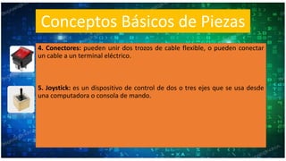 Conceptos Básicos de Piezas
4. Conectores: pueden unir dos trozos de cable flexible, o pueden conectar
un cable a un terminal eléctrico.
5. Joystick: es un dispositivo de control de dos o tres ejes que se usa desde
una computadora o consola de mando.
 
