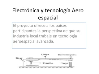 Electrónica y tecnología Aero
espacial
El proyecto ofrece a los países
participantes la perspectiva de que su
industria local trabaje en tecnología
aeroespacial avanzada.
 