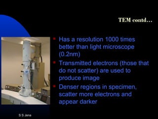 TEM contd…
 Has a resolution 1000 times
better than light microscope
(0.2nm)
 Transmitted electrons (those that
do not scatter) are used to
produce image
 Denser regions in specimen,
scatter more electrons and
appear darker
S S Jena
 