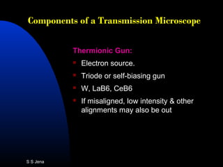 Components of a Transmission MicroscopeComponents of a Transmission Microscope
Thermionic Gun:
 Electron source.
 Triode or self-biasing gun
 W, LaB6, CeB6
 If misaligned, low intensity & other
alignments may also be out
S S Jena
 