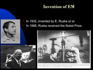 Invention of EM
 In 1932, invented by E. Ruska et al.
 In 1986, Ruska received the Nobel Prize.
S S Jena
 