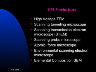EM VariationsEM Variations
 High Voltage TEM
 Scanning tunneling microscope
 Scanning transmission electron
microscope (STEM)
 Scanning probe microscope
 Atomic force microscope
 Environmental scanning electron
microscope
 Elemental Composition SEM
S S Jena
 