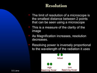 Resolution
 The limit of resolution of a microscope is
the smallest distance between 2 points
that can be seen using a microscope
 This is a measure of the clarity of the
image
 As Magnification increases, resolution
decreases.
 Resolving power is inversely proportional
to the wavelength of the radiation it uses
S S Jena
 