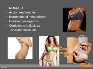 •
•
•
•
•
•

MÚSCULO:
Acción reafirmante
Incrementa el metabolismo
Consumo energético
Corrigiendo la flacidez
Tonicidad muscular.

 