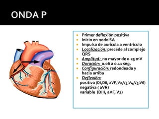  Primer deflexión positiva
 Inicio en nodo SA
 Impulso de aurícula a ventrículo
 Localización: precede al complejo
QRS
 Amplitud: no mayor de 0.25 mV
 Duración: 0.06 a 0.11 seg.
 Configuración: redondeada y
hacia arriba
 Deflexión:
positiva (DI,DII, aVF,V2,V3,V4,V5,V6)
negativa ( aVR)
variable (DIII, aVF,V1)
 