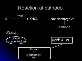 Reaction at cathode
          from
+
K                      KNO3           Not discharge At

                                            cathode
Reason
       Small
    concentration                     H3O   +&   OH-
                       Formed
                          By
                    Dissociation of
                         H2O
 