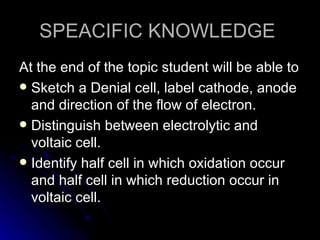 SPEACIFIC KNOWLEDGE
At the end of the topic student will be able to
 Sketch a Denial cell, label cathode, anode
  and direction of the flow of electron.
 Distinguish between electrolytic and
  voltaic cell.
 Identify half cell in which oxidation occur
  and half cell in which reduction occur in
  voltaic cell.
 