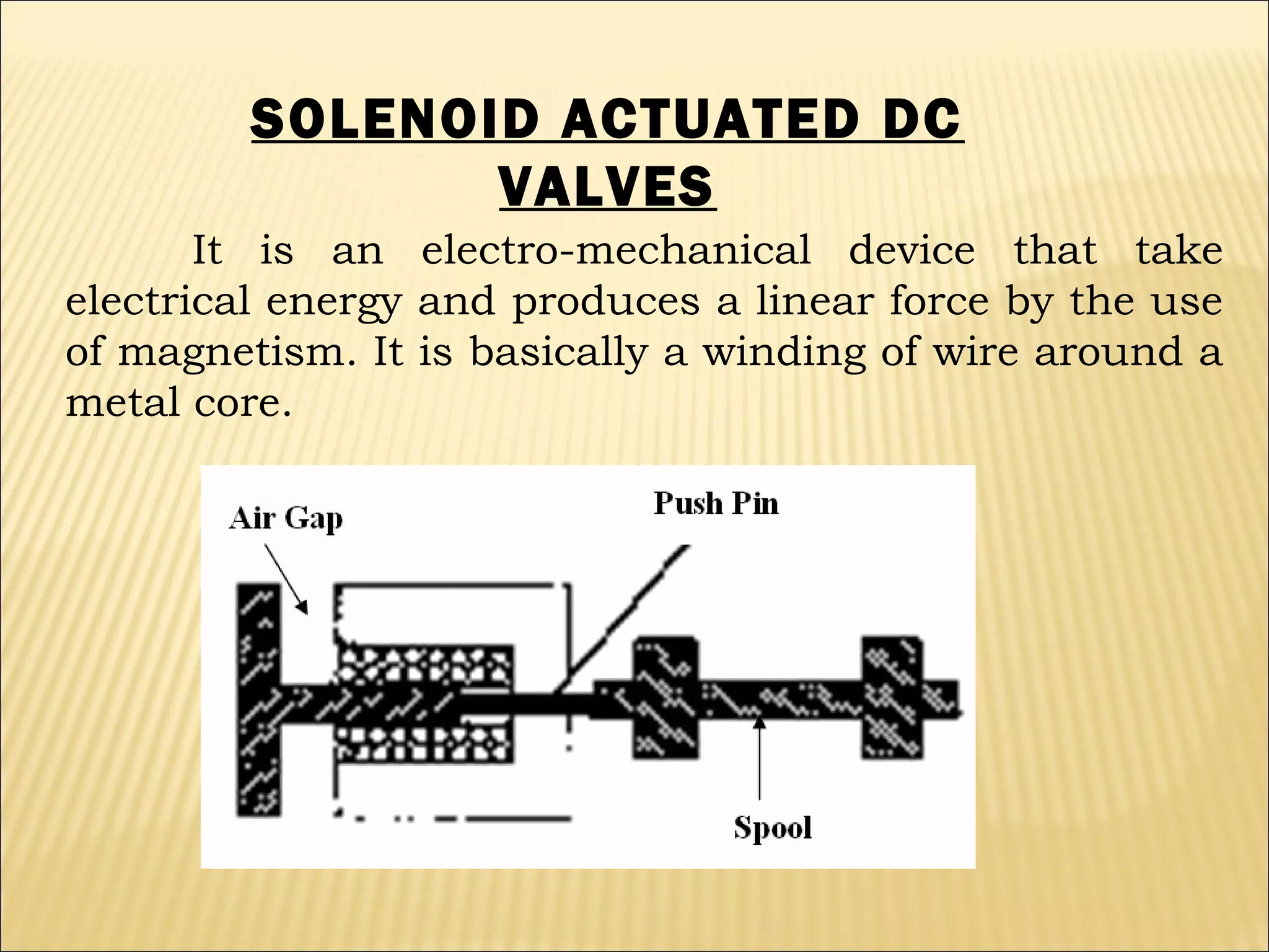 SOLENOID ACTUATED DC
VALVES
It is an electro-mechanical device that take
electrical energy and produces a linear force by the use
of magnetism. It is basically a winding of wire around a
metal core.

 