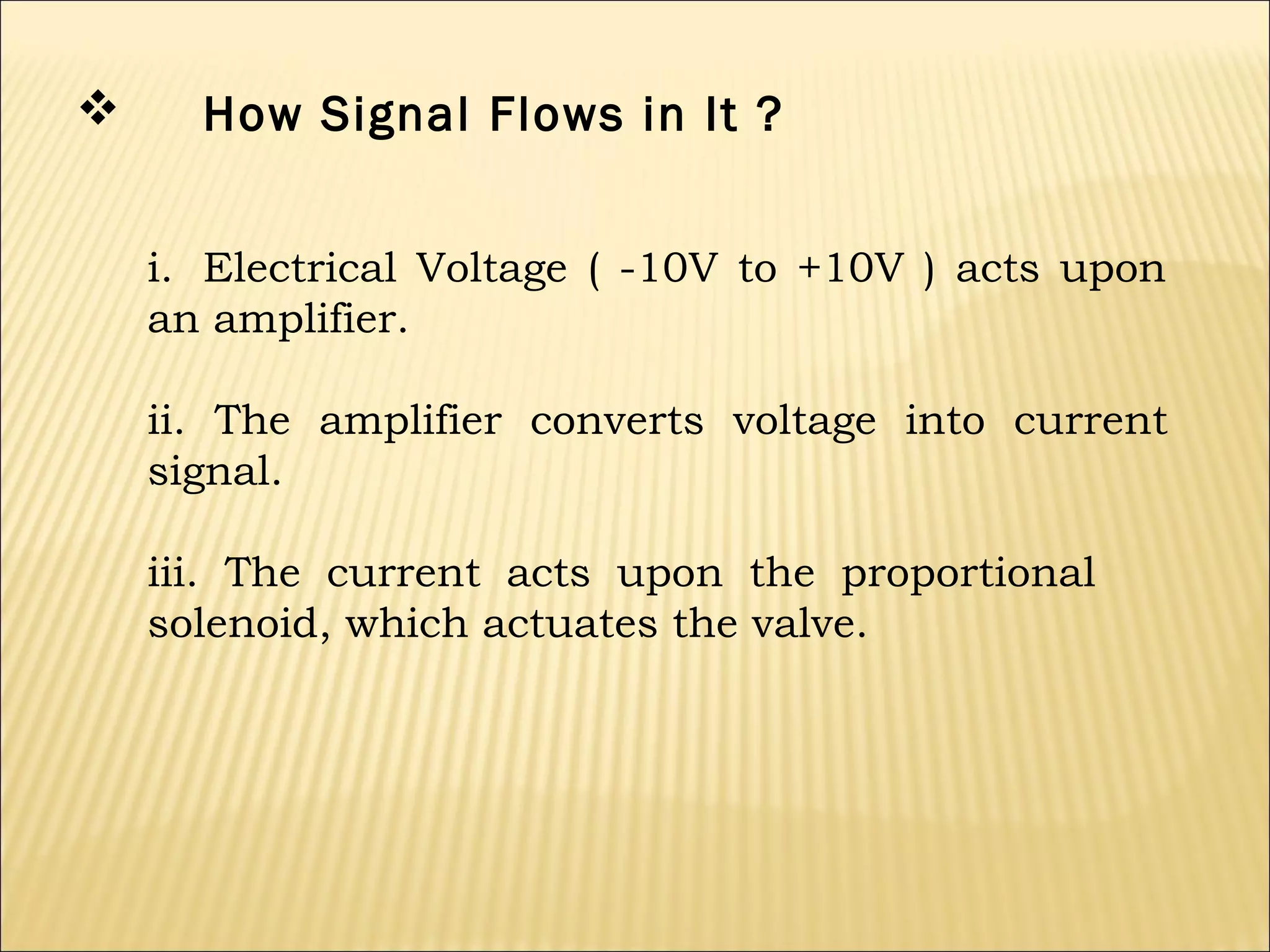

How Signal Flows in It ?
i. Electrical Voltage ( -10V to +10V ) acts upon
an amplifier.
ii. The amplifier converts voltage into current
signal.
iii. The current acts upon the proportional
solenoid, which actuates the valve.

 