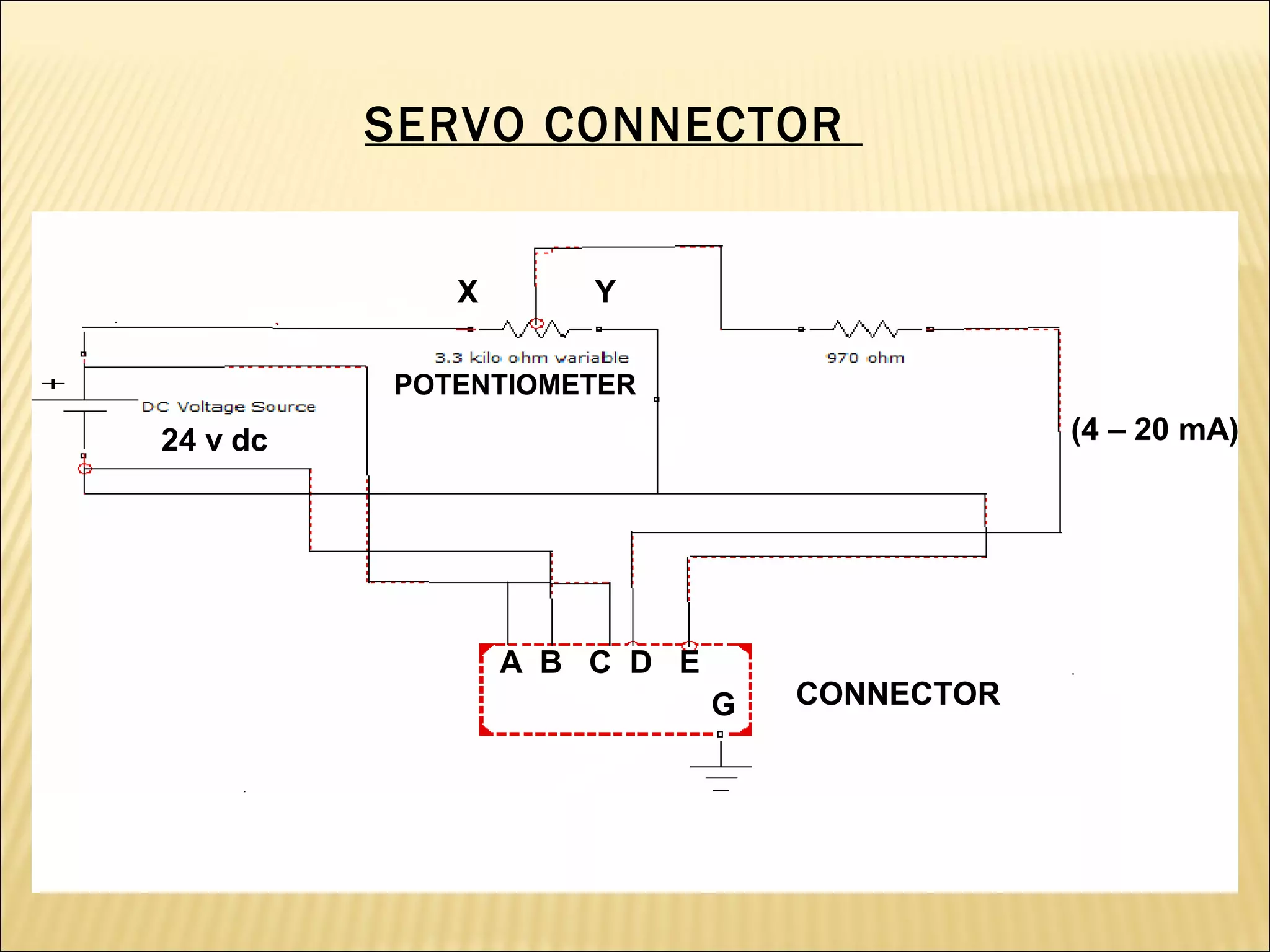 SERVO CONNECTOR
X

Y

POTENTIOMETER

(4 – 20 mA)

24 v dc

A B C D E
G

CONNECTOR

 
