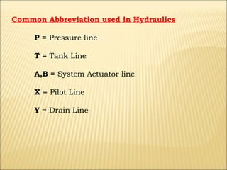 Common Abbreviation used in Hydraulics
P = Pressure line
T = Tank Line
A,B = System Actuator line
X = Pilot Line
Y = Drain Line

 
