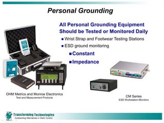 Personal Grounding
                                     All Personal Grounding Equipment
                                     Should be Tested or Monitored Daily
                                        Wrist Strap and Footwear Testing Stations
                                        ESD ground monitoring
                                            Constant

                                            Impedance




OHM Metrics and Monroe Electronics
     Test and Measurement Products                                       CM Series
                                                                    ESD Workstation Monitors
 