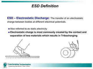 ESD Definition

                                                            .
ESD – Electrostatic Discharge: The transfer of an electrostatic
charge between bodies at different electrical potentials.

  Also referred to as static electricity
  Electrostatic charge is most commonly created by the contact and
   separation of two materials which results in Tribocharging
 