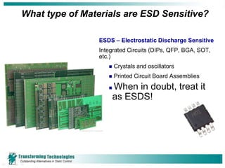 What type of Materials are ESD Sensitive?

                 ESDS – Electrostatic Discharge Sensitive
                 Integrated Circuits (DIPs, QFP, BGA, SOT,
                 etc.)
                       Crystals and oscillators
                       Printed Circuit Board Assemblies
                       When in doubt, treat it
                        as ESDS!
 