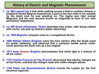 History of Electric and Magnetic Phenomenon
1. ca. 900 Legend has it that while walking across a field in northern Greece, a
   shepherd named Magnus experiences a pull on the iron nails in his sandals
   by the black rock he was standing on. The region was later named
   Magnesia and the rock became known as magnetite [a form of iron with
   permanent magnetism].

2. ca. 600 Greek philosopher Thales describes how amber, after being rubbed
   with cat fur, can pick up feathers [static electricity].

3. ca. 1000 Magnetic compass used as a navigational device.

4. 1600 William Gilbert (English) coins the term electric after the Greek word
   for amber (elektron), and observes that a compass needle points north-
   south because the Earth acts as a bar magnet.

5. 1671 Isaac Newton (English) demonstrates that white light is a mixture of
   all the colors.

6. 1733 Charles-Francois du Fay (French) discovered that electric charges are
   of two forms, and that like charges repel and unlike charges attract.

7. 1745 Pieter van Musschenbroek (Dutch) invents the Leyden jar, the first
   electrical capacitor.
 