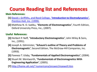 Course Reading list and References
Main References:
 [1] David J. Griffiths, and Reed College, “Introduction to Electrodynamics”,
     Prentice-Hall, Inc. (1999).
 [2] Matthew N. O. Sadiku, “Elements of Electromagnetics”, Fourth Edition,
     Oxford University Press, Inc., (2007).

Useful References:
  [3] Herbert P. Neff, “Introductory Electromagnetics”, John Wiley & Sons,
      Inc., (1991).
  [4] Joseph A. Edminister, “Schaum’s outline of Theory and Problems of
      Electromagnetis”, Second Edition, The McGraw-Hill Companies, Inc.
      (1993).
  [5] Fawwaz T. Ulaby, “Fundamentals of Applied Electromagnetics”, (2004).
  [6] Stuart M. Wentworth, “Fundamentals of Electromagnetics With
      Engineering Application”, (2005).
  [7] http://home.att.net/~numericana/answer/maxwell.htm
 