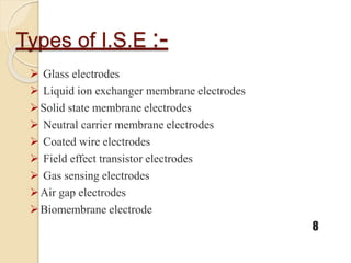 Types of I.S.E :-
 Glass electrodes
 Liquid ion exchanger membrane electrodes
Solid state membrane electrodes
 Neutral carrier membrane electrodes
 Coated wire electrodes
 Field effect transistor electrodes
 Gas sensing electrodes
Air gap electrodes
Biomembrane electrode
8
 