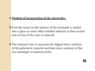 Method of preparation of the electrode:-
First the metal on the interior of the electrode is sealed
into a glass or some other suitable material so that several
mm or less of the wire is exposed.
The exposed wire is successively dipped into a solution
of the polymeric material and then into a solution of the
ion exchanger or neutral carrier.
35
 