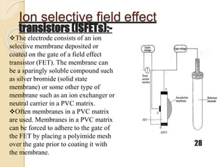 Ion selective field effect
28
transistors (ISFETs):-
The electrode consists of an ion
selective membrane deposited or
coated on the gate of a field effect
transistor (FET). The membrane can
be a sparingly soluble compound such
as silver bromide (solid state
membrane) or some other type of
membrane such as an ion exchanger or
neutral carrier in a PVC matrix.
Often membranes in a PVC matrix
are used. Membranes in a PVC matrix
can be forced to adhere to the gate of
the FET by placing a polyimide mesh
over the gate prior to coating it with
the membrane.
 