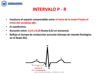 INTERVALO P - R
• Involucra el espacio comprendido entre el inicio de la onda P hasta el
inicio del complejo qRs.
• Es isoeléctrico.
• Duración entre: 0,12 y 0,20 (hasta 0,22 en ancianos).
• Refleja el tiempo de conducción auricular (tiempo de retardo fisiológico
en el Nodo AV).
www.drleonardomoya.wordpress.com
 