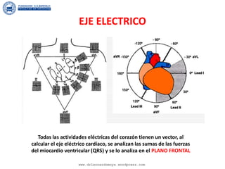 EJE ELECTRICO
Todas las actividades eléctricas del corazón tienen un vector, al
calcular el eje eléctrico cardíaco, se analizan las sumas de las fuerzas
del miocardio ventricular (QRS) y se lo analiza en el PLANO FRONTAL
www.drleonardomoya.wordpress.com
 