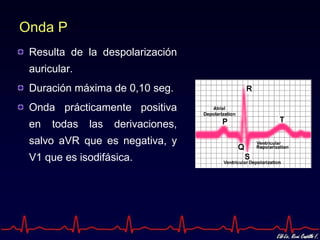 Onda P Resulta de la despolarización auricular. Duración máxima de 0,10 seg. Onda prácticamente positiva en todas las derivaciones, salvo aVR que es negativa, y V1 que es isodifásica. 
