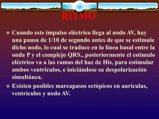 RITMO
 Cuando este impulso eléctrico llega al nodo AV, hay
una pausa de 1/10 de segundo antes de que se estimule
dicho nodo, lo cual se traduce en la línea basal entre la
onda P y el complejo QRS., posteriormente el estímulo
eléctrico va a las ramas del haz de His, para estimular
ambos ventrículos, e iniciándose su despolarización
simultánea.
 Existen posibles marcapasos ectópicos en auriculas,
ventrículos y nodo AV.
 