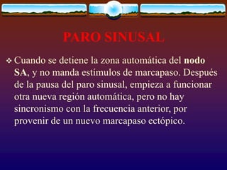 PARO SINUSAL
 Cuando se detiene la zona automática del nodo
SA, y no manda estímulos de marcapaso. Después
de la pausa del paro sinusal, empieza a funcionar
otra nueva región automática, pero no hay
sincronismo con la frecuencia anterior, por
provenir de un nuevo marcapaso ectópico.
 