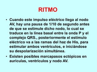 RITMO
• Cuando este impulso eléctrico llega al nodo
AV, hay una pausa de 1/10 de segundo antes
de que se estimule dicho nodo, lo cual se
traduce en la línea basal entre la onda P y el
complejo QRS., posteriormente el estímulo
eléctrico va a las ramas del haz de His, para
estimular ambos ventrículos, e iniciándose
su despolarización simultánea.
• Existen posibles marcapasos ectópicos en
auriculas, ventrículos y nodo AV.
 