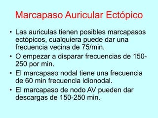 Marcapaso Auricular Ectópico
• Las auriculas tienen posibles marcapasos
ectópicos, cualquiera puede dar una
frecuencia vecina de 75/min.
• O empezar a disparar frecuencias de 150-
250 por min.
• El marcapaso nodal tiene una frecuencia
de 60 min frecuencia idionodal.
• El marcapaso de nodo AV pueden dar
descargas de 150-250 min.
 