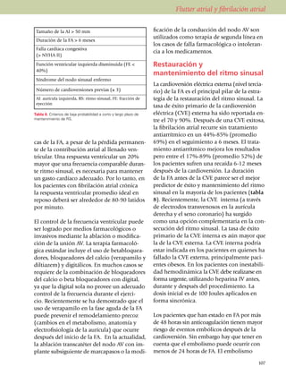 Flutter atrial y fibrilación atrial


 Tamaño de la AI > 50 mm                                           fi­cación de la con­ducción del nodo AV son
                                                                   uti­li­zados como terapia de segunda línea en
 Duración de la FA > 6 meses
                                                                   los casos de falla farmacológica o intole­ran­
 Falla cardíaca congestiva
                                                                   cia a los medica­men­tos.
 (> NYHA II)
 Función ventricular izquierda disminuida (FE <                    Restauración y
 40%)
                                                                   mante­ni­miento del ritmo sinusal
 Síndrome del nodo sinusal enfermo
                                                                   La cardioversión eléctrica externa (nivel ter­cia­
 Número de cardioversiones previas (≥ 3)                           rio) de la FA es el principal pilar de la estra­
 AI: aurícula izquierda, RS: ritmo sinusal, FE: fracción de        te­gia de la restauración del ritmo sinusal. La
 eyección
                                                                   tasa de éxito primario de la cardioversión
Tabla 8. Criterios de baja probabilidad a corto y largo plazo de   eléctrica (CVE) externa ha sido reportada en­
mantenimiento de RS.                                               tre el 70 y 90%. Después de una CVE exitosa,
                                                                   la fibrilación atrial recurre sin trata­miento
                                                                   antiarrítmico en un 44%-85% (promedio
cas de la FA, a pesar de la pérdida per­ma­nen­                    69%) en el segui­miento a 6 meses. El trata­
te de la contribución atrial al llenado ven­                       miento antiarrítmico me­jora los resul­tados
tricular. Una res­puesta ventricular un 20%                        pero entre el 17%-89% (pro­medio 52%) de
ma­yor que una frecuencia comparable du­ran­                       los pacientes sufren una recaída 6-12 meses
te ritmo sinusal, es nece­saria para mantener                      después de la car­dio­ver­sión. La duración
un gasto cardíaco adecuado. Por lo tanto, en                       de la FA antes de la CVE parece ser el mejor
los pacientes con fibrilación atrial crónica                       predictor de éxito y man­­­tenimiento del ritmo
la respuesta ventricular promedio ideal en                         sinu­sal en la mayoría de los pacientes (tabla
reposo deberá ser alrededor de 80-90 latidos                       8). Recientemente, la CVE interna (a través
por minuto.                                                        de elec­tro­dos trans­ve­nosos en la aurícula
                                                                   derecha y el seno coro­nario) ha surgido
El control de la frecuencia ventricular puede                      como una opción comple­mentaria en la con­
ser logrado por medios farmacológicos o                            se­cución del ritmo si­nu­sal. La tasa de éxito
invasivos mediante la ablación o modi­fica­                        primario de la CVE inter­na es aún mayor que
ción de la unión AV. La terapia farmaco­ló­                        la de la CVE externa. La CVE interna podría
gica es­tán­dar incluye el uso de beta­blo­quea­                   estar indicada en los pacientes en quienes ha
dores, bloquea­do­res del calcio (verapamilo y                     fallado la CVE ex­ter­na, prin­ci­palmente paci­
diltiazem) y digitálicos. En muchos casos se                       entes obesos. En los pacientes con inestabili­
requiere de la combinación de bloqueadores                         dad hemodiná­mi­ca la CVE debe realizarse en
del calcio o beta bloqueadores con digital,                        forma urgente, uti­li­zando heparina IV antes,
ya que la digital sola no provee un adecuado                       durante y des­pués del proce­di­miento. La
control de la frecuencia durante el ejerci­                        dosis inicial es de 100 Joules aplicados en
cio. Recien­te­mente se ha demos­trado que el                      forma sincró­nica.
uso de verapamilo en la fase aguda de la FA
puede prevenir el remodelamiento precoz                            Los pacientes que han estado en FA por más
(cambios en el meta­bo­lismo, anatomía y                           de 48 horas sin anticoagulación tienen ma­yor
electro­fi­sio­logía de la aurícula) que ocurre                    riesgo de eventos embólicos después de la
después del inicio de la FA. En la actualidad,                     cardioversión. Sin embargo hay que tener en
la ablación trans­­ca­téter del nodo AV con im­                    cuen­ta que el embolismo puede ocu­rrir con
plante subsi­guiente de marcapasos o la modi­                      menos de 24 horas de FA. El embolismo

                                                                                                                 107
 