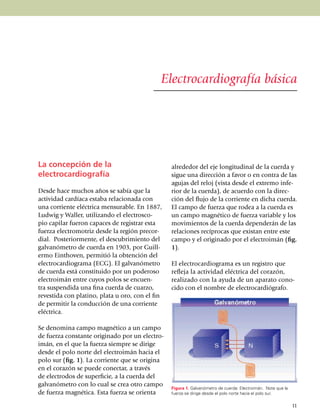 Electrocardiografía básica




La concepción de la                                alrededor del eje lon­­gi­tu­dinal de la cuerda y
electrocardiografía                                sigue una dirección a favor o en contra de las
                                                   agujas del reloj (vista desde el extremo infe­
Desde hace muchos años se sabía que la             rior de la cuerda), de acuerdo con la direc­
actividad cardíaca estaba relacionada con          ción del flujo de la corriente en dicha cuerda.
una corriente eléctrica mensurable. En 1887,       El campo de fuerza que rodea a la cuerda es
Ludwig y Waller, utilizando el electrosco­         un campo magnético de fuerza variable y los
pio capi­lar fueron capaces de registrar esta      movimientos de la cuerda dependerán de las
fuerza electro­motriz desde la región precor­      relaciones recíprocas que existan entre este
dial. Posteriormente, el descubrimiento del        campo y el originado por el electroimán (fig.
galva­nó­metro de cuerda en 1903, por Guill­       1).
ermo Einthoven, permitió la obtención del
electro­car­diograma (ECG). El galvanó­metro       El electrocardiograma es un registro que
de cuerda está cons­tituido por un poderoso        refleja la actividad eléctrica del corazón,
electroimán entre cuyos polos se encuen­           realizado con la ayuda de un aparato cono­
tra suspendida una fina cuerda de cuarzo,          cido con el nombre de electro­car­dió­grafo.
re­ves­tida con platino, plata u oro, con el fin
de permitir la conducción de una corriente
eléctrica.

Se denomina campo magné­tico a un campo
de fuerza cons­tante originado por un electro­
imán, en el que la fuerza siempre se dirige
desde el polo norte del electroimán hacia el
polo sur (fig. 1). La corriente que se origina
en el corazón se puede conec­tar, a través
de electrodos de superficie, a la cuerda del
galva­nó­metro con lo cual se crea otro campo
                                                   Figura 1. Galvanómetro de cuerda: Electroimán. Note que la
de fuerza mag­nética. Esta fuerza se orienta       fuerza se dirige desde el polo norte hacia el polo sur.

                                                                                                                11
 