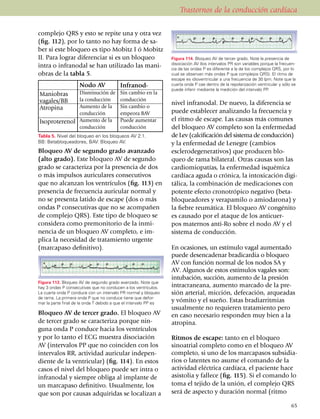 Trastornos de la conducción cardíaca

complejo QRS y esto se repite una y otra vez
(fig. 112), por lo tanto no hay forma de sa­
ber si este bloqueo es tipo Mobitz I ó Mobitz
II. Para lograr diferenciar si es un bloqueo                      Figura 114. Bloqueo AV de tercer grado. Note la presencia de
                                                                  disociación AV (los intervalos PR son variables porque la frecuen­
intra o infranodal se han utilizado las mani­                     cia de las ondas P es diferente a la de los complejos QRS, por lo
obras de la tabla 5.                                              cual se observan más ondas P que complejos QRS). El ritmo de
                                                                  escape es idioventricular a una frecuencia de 30 lpm. Note que la
                     Nodo AV              Infranod-               cuarta onda P cae dentro de la repolari­za­ción ventricular y sólo se
                                                                  puede inferir mediante la medición del intervalo PP.
Maniobras            Disminución de       Sin cambio en la
vagales/BB           la conducción        conducción
                     Aumento de la        Sin cambio o
                                                                  nivel infranodal. De nuevo, la diferencia se
Atropina
                     conducción           empeora BAV             puede establecer analizando la frecuencia y
Isoproterenol        Aumento de la        Puede aumentar          el ritmo de escape. Las causas más comunes
                     conducción           conducción              del bloqueo AV completo son la enfermedad
Tabla 5. Nivel del bloqueo en los bloqueos AV 2:1.                de Lev (calcificación del sistema de con­ducción)
BB: Betabloquea­dores, BAV: Bloqueo AV.                           y la enferme­dad de Lenegre (cambios
Bloqueo AV de segundo grado avanzado                              esclero­degenerativos) que producen blo­
(alto grado). Este bloqueo AV de segundo                          queo de rama bilateral. Otras causas son las
grado se caracteriza por la presencia de dos                      cardiomiopatías, la enfermedad isquémica
o más impulsos auriculares consecutivos                           cardíaca aguda o crónica, la intoxicación digi­
que no alcanzan los ventrículos (fig. 113) en                     tá­lica, la combi­na­ción de medi­caciones con
presencia de frecuencia auricular normal y                        potente efecto cronotrópico negativo (beta­
no se presenta latido de escape (dos o más                        bloqueadores y verapa­mi­lo o amio­da­rona) y
ondas P consecutivas que no se acompañen                          la fiebre reumática. El bloqueo AV congénito
de complejo QRS). Este tipo de bloqueo se                         es causado por el ataque de los anticuer­
considera como premonitorio de la inmi­                           pos maternos anti-Ro sobre el nodo AV y el
nencia de un bloqueo AV completo, e im­                           sistema de conducción.
plica la necesidad de trata­miento urgente
(marcapaso definitivo).                                           En ocasiones, un estímulo vagal aumentado
                                                                  puede desenca­denar bradicardia o bloqueo
                                                                  AV con función normal de los nodos SA y
                                                                  AV. Algunos de estos estímulos vagales son:
                                                                  intuba­ción, succión, aumento de la presión
Figura 113. Bloqueo AV de segundo grado avanzado. Note que
hay 3 ondas P consecutivas que no conducen a los ventrículos.     intra­craneana, aumento mar­ca­do de la pre­
La cuarta onda P conduce con un intervalo PR normal y bloqueo     sión arterial, micción, defecación, arqueadas
de rama. La primera onda P que no conduce tiene que defor­
mar la parte final de la onda T debido a que el intervalo PP es
                                                                  y vómito y el sueño. Estas bradiarritmias
                                                                  usual­mente no requie­ren tra­ta­miento pero
Bloqueo AV de tercer grado. El bloqueo AV                         en caso ne­cesario responden muy bien a la
de tercer grado se caracteriza porque nin­                        atropina.
gu­na onda P conduce hacia los ven­trículos
y por lo tanto el ECG muestra disociación                         Ritmos de escape: tanto en el bloqueo
AV (intervalos PP que no coinci­den con los                       sinoatrial completo como en el bloqueo AV
intervalos RR, actividad auricular indepen­                       completo, si uno de los marca­pasos subsi­dia­
diente de la ventricular) (fig. 114). En estos                    rios o latentes no asume el comando de la
casos el nivel del bloqueo puede ser intra o                      actividad eléctrica cardíaca, el paciente hace
infranodal y siempre obliga al implan­te de                       asistolia y fallece (fig. 115). Si el co­mando lo
un marcapaso definitivo. Usual­mente, los                         toma el tejido de la unión, el complejo QRS
que son por causas adquiridas se localizan a                      será de aspecto y duración normal (ritmo

                                                                                                                                    65
 