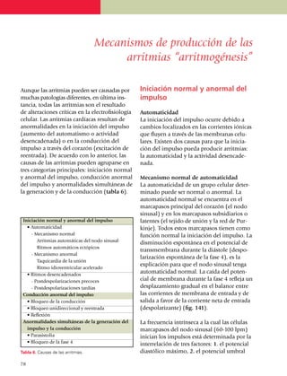 Mecanismos de producción de las
                                         arritmias “arritmogénesis”

Aunque las arritmias pueden ser causadas por       Iniciación normal y anormal del
muchas pa­tologías diferentes, en última ins­      impulso
tancia, todas las arritmias son el re­sul­tado
de alteraciones críticas en la electrofisiología   Automaticidad
celular. Las arritmias cardíacas resultan de       La iniciación del impulso ocurre debido a
anormalidades en la iniciación del impulso         cambios loca­li­zados en las corrientes iónicas
(aumento del automatismo o actividad               que fluyen a través de las membra­nas ce­lu­
desen­ca­denada) o en la conducción del            lares. Existen dos causas para que la inicia­
impulso a través del corazón (excitación de        ción del impulso pueda producir arritmias:
reen­trada). De acuerdo con lo anterior, las       la auto­ma­ti­cidad y la acti­vidad desen­ca­de­
causas de las arritmias pueden agruparse en        nada.
tres categorías principales: iniciación normal
y anormal del impulso, con­ducción anormal         Mecanismo normal de automaticidad
del impulso y anormalidades simultáneas de         La automaticidad de un grupo celular deter­
la generación y de la conducción (tabla 6).        mi­nado puede ser normal o anormal. La
                                                   automa­ticidad normal se encuentra en el
                                                   marcapasos principal del corazón (el nodo
                                                   sinusal) y en los marca­pasos subsidiarios o
 Iniciación normal y anormal del impulso           latentes (el tejido de unión y la red de Pur­
	 • Automaticidad                                  kinje). Todos estos marca­pa­sos tienen como
		- Mecanismo normal                               función normal la iniciación del impulso. La
			 Arritmias automáticas del nodo sinusal         dis­minución espontánea en el potencial de
			 Ritmos automáticos ectópicos
                                                   transmembrana durante la diástole (despo­
		- Mecanismo anormal
                                                   lari­za­ción espontánea de la fase 4), es la
			 Taquicardia de la unión
                                                   explicación para que el nodo sinu­sal tenga
			 Ritmo idioventricular acelerado
	 • Ritmos desencadenados
                                                   auto­maticidad normal. La caída del poten­
		- Postdespolarizaciones precoces                 cial de membrana durante la fase 4 refleja un
		- Postdespolarizaciones tardías                  despla­zamiento gradual en el balance entre
 Conducción anormal del impulso                    las co­rrien­tes de membrana de entrada y de
	 • Bloqueo de la conducción                       sa­lida a favor de la corriente neta de entrada
	 • Bloqueo unidireccional y reentrada             (despolarizante) (fig. 141).
	 • Reflexión
 Anormalidades simultáneas de la generación del    La frecuencia intrínseca a la cual las células
	 impulso y la conducción                          marcapasos del nodo sinusal (60-100 lpm)
	 • Parasistolia                                   inician los impulsos está determinada por la
	 • Bloqueo de la fase 4                           interrelación de tres factores: 1. el potencial
Tabla 6. Causas de las arritmias.                  diastólico máximo, 2. el potencial umbral

78
 