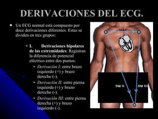 DERIVACIONES DEL ECG. Un ECG normal está compuesto por doce derivaciones diferentes. Estas se dividen en tres grupos: I. Derivaciones bipolares de las extremidades : Registran la diferencia de potencial eléctrico entre dos puntos:  Derivación I : entre brazo izquierdo (+) y brazo derecho (-).  Derivación II : entre pierna izquierda (+) y brazo derecho (-).  Derivación III : entre pierna derecha (+) y brazo izquierdo (-). 