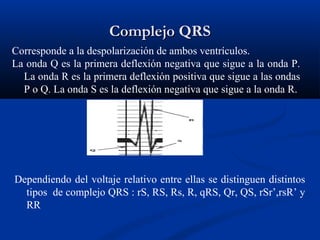 Complejo QRS
Corresponde a la despolarización de ambos ventrículos.
La onda Q es la primera deflexión negativa que sigue a la onda P.
  La onda R es la primera deflexión positiva que sigue a las ondas
  P o Q. La onda S es la deflexión negativa que sigue a la onda R.




Dependiendo del voltaje relativo entre ellas se distinguen distintos
  tipos de complejo QRS : rS, RS, Rs, R, qRS, Qr, QS, rSr’,rsR’ y
  RR
 