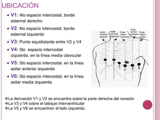 UBICACIÓN
V1: 4to espacio intercostal, borde
esternal derecho

V2: 4to espacio intercostal, borde
esternal izquierdo

V3: Punto equidistante entre V2 y V4
V4: 5to espacio intercostal
izquierdo, en la línea media clavicular

V5: 5to espacio intercostal, en la línea
axilar anterior izquierda

V6: 5to espacio intercostal, en la línea
axilar media izquierda

La derivación V1 y V2 se encuentra sobre la parte derecha del corazón
La V3 y V4 sobre el tabique interventricular
La V5 y V6 se encuentran al lado izquierdo.

 