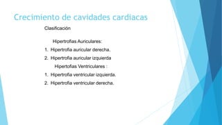 Crecimiento de cavidades cardiacas
Hipertrofias Auriculares:
1. Hipertrofia auricular derecha.
2. Hipertrofia auricular izquierda
Hipertofias Ventriculares :
1. Hipertrofia ventricular izquierda.
2. Hipertrofia ventricular derecha.
Clasificación
 
