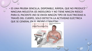 • ES UNA PRUEBA SENCILLA, DISPONIBLE, RÁPIDA, QUE NO PRODUCE
NINGUNA MOLESTIA (ES INDOLORO) Y NO TIENE NINGÚN RIESGO
PARA EL PACIENTE (NO SE ENVÍA NINGÚN TIPO DE ELECTRICIDAD A
TRAVÉS DEL CUERPO, SOLO DETECTA LA ACTIVIDAD ELÉCTRICA
QUE SE GENERAL EN EL PROPIO CORAZÓN).
 