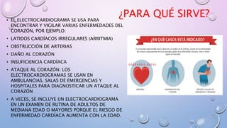 ¿PARA QUÉ SIRVE?
• EL ELECTROCARDIOGRAMA SE USA PARA
ENCONTRAR Y VIGILAR VARIAS ENFERMEDADES DEL
CORAZÓN, POR EJEMPLO:
• LATIDOS CARDÍACOS IRREGULARES (ARRITMIA)
• OBSTRUCCIÓN DE ARTERIAS
• DAÑO AL CORAZÓN
• INSUFICIENCIA CARDÍACA
• ATAQUE AL CORAZÓN: LOS
ELECTROCARDIOGRAMAS SE USAN EN
AMBULANCIAS, SALAS DE EMERGENCIAS Y
HOSPITALES PARA DIAGNOSTICAR UN ATAQUE AL
CORAZÓN
• A VECES, SE INCLUYE UN ELECTROCARDIOGRAMA
EN UN EXAMEN DE RUTINA DE ADULTOS DE
MEDIANA EDAD O MAYORES PORQUE EL RIESGO DE
ENFERMEDAD CARDÍACA AUMENTA CON LA EDAD.
 