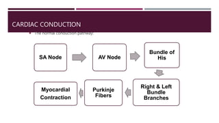 CARDIAC CONDUCTION
 The normal conduction pathway:
SA Node AV Node
Bundle of
His
Right & Left
Bundle
Branches
Purkinje
Fibers
Myocardial
Contraction
 